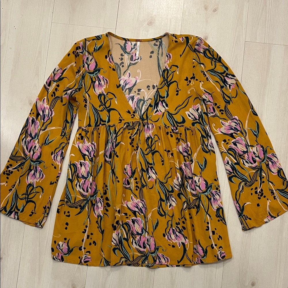 Free People Floral Mustard V-Neck Blouse